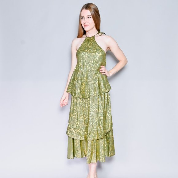 CLAIRE KANE Senegal Green & Gold Tiered Dress M EUC $338 - Picture 6 of 6